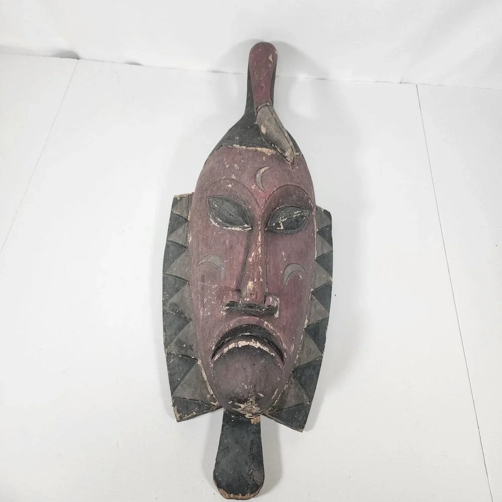 Vintage Hand Carved African Style Wood Tribal Mask Wall Decor 25.5